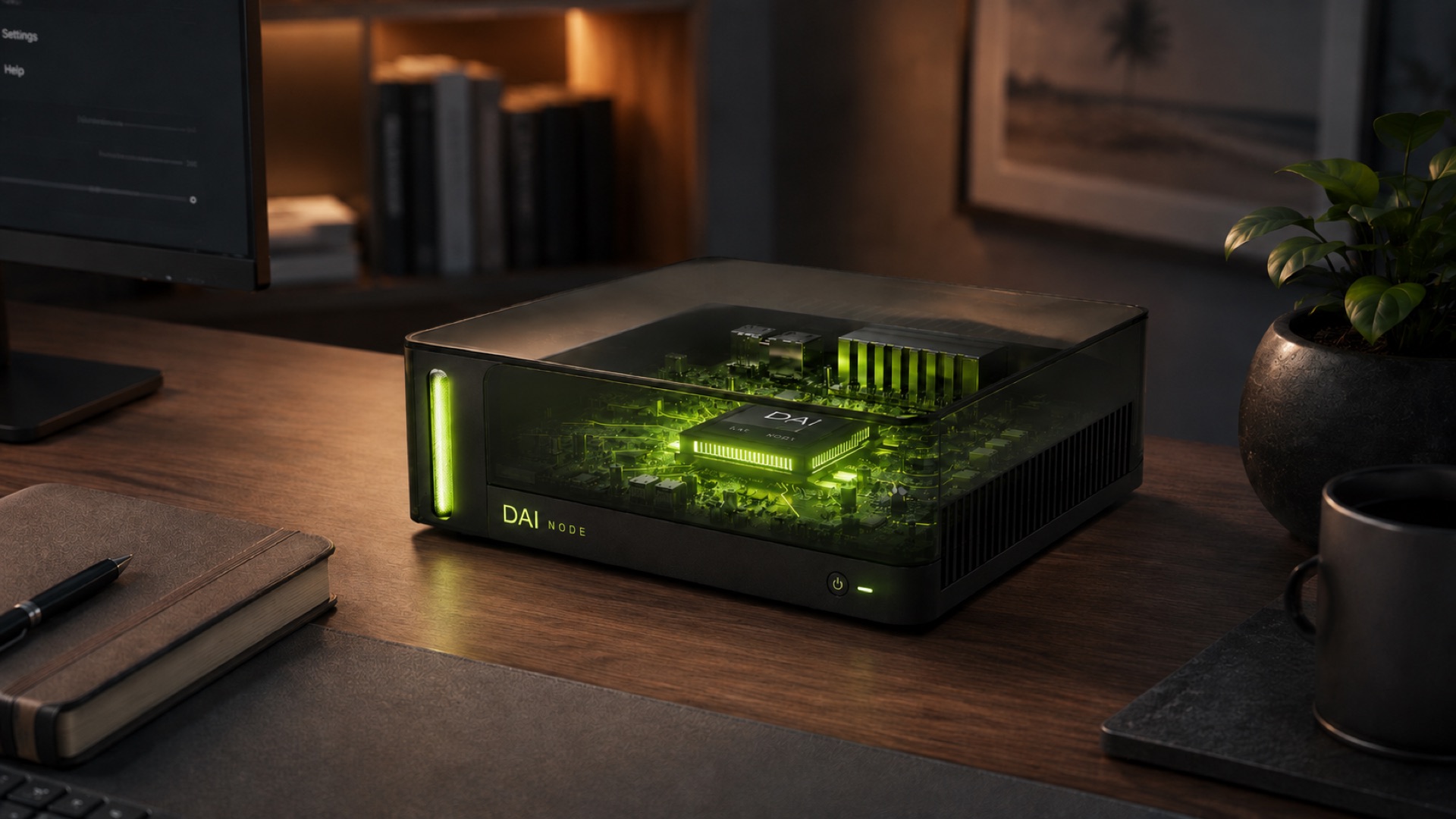 DAI Node on a desk, its interior glowing green in local mode