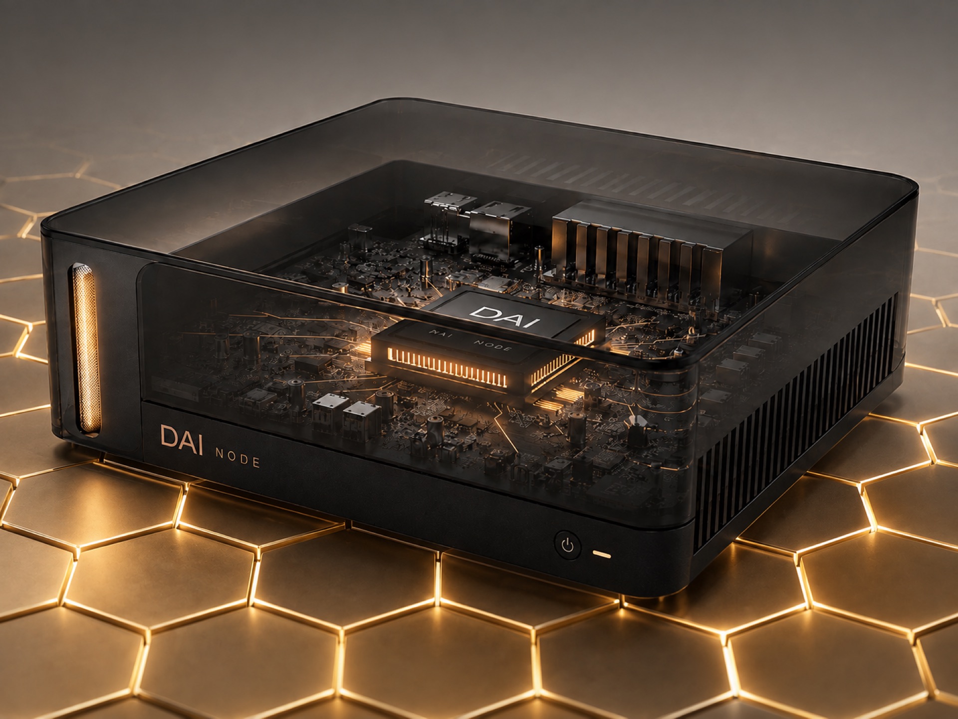 DAI Node on a glowing hexagonal grid, representing the decentralised network