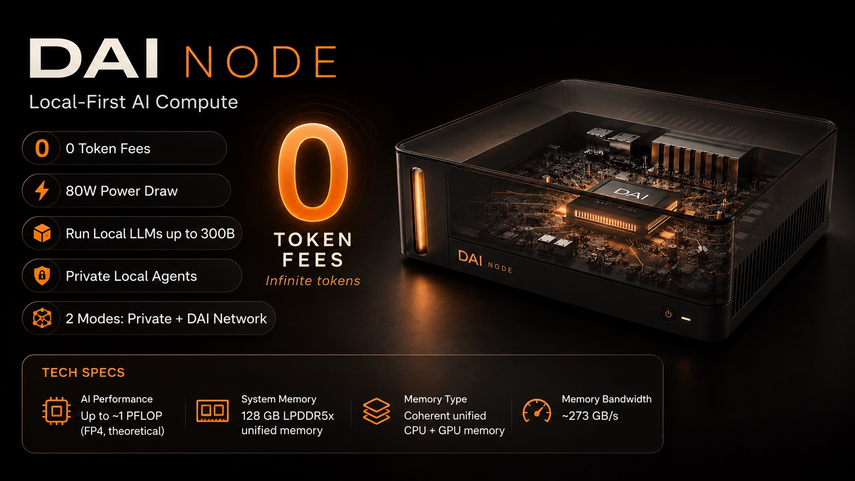 DAI Node — local-first AI computer: 0 token fees, 80 W, models up to 300B, private agents, and two modes