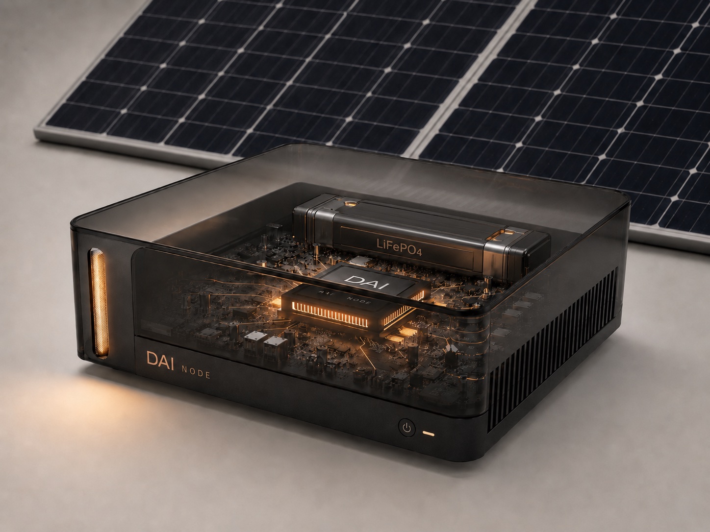 Off-grid DAI Node with a LiFePO4 battery visible through the translucent case, solar panels behind it